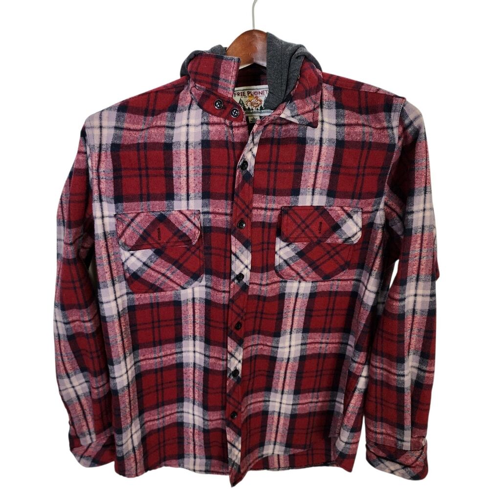 Free Planet Flannel Shirt Jacket with Hood Red Plaid 100% Cotton Mens Size Large